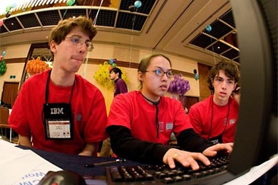 Three MIT students, senior Brian Jacokes, junior Eric Price and senior Hubert Hwang compete in the Association for Computing Machinery  International Collegiate Programming Finals held in March. The team won fourth place overall out of 88 teams.