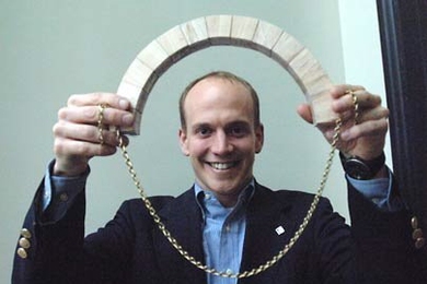 MIT architecture professor John Ochsendorf with wooden arch (above) and chain (making arch) below. He will be a fellow at the American Academy in Rome next year.