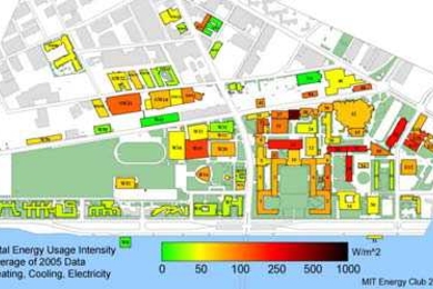 Software developed by MIT students generated this map showing energy use intensity across campus. Last spring, MITEI awarded funds for this work and for six other student projects aimed at cutting campus energy use and encouraging adoption of sustainable energy practices. MITEI is now seeking proposals for new student projects relating to campus sustainability. Applications are due Oct. 1.