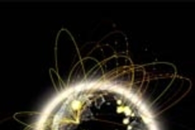 NYTE's Globe Encounters visualizes in real time the volumes
  of Internet data flowing between New York and cities around the world. The
  size of the glow on a particular city location corresponds to the amount of
  IP traffic flowing between that place and New York City. <a href="http://senseable2.mit.edu/nyte/images/hres/01%20nyte%20-%20globe%20encounters.tif"><strong>Full-size image</strong...