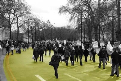 In one image from the new DUSP exhibit, 'Urban Design and Civil Protest,' a crowd has appropriated a prestigious public space in London as part of a 2007 peace protest. Exhibit creator Tali Hatuka uses visual and other media to explore how urban space is used as an instrument for civil protests. The exhibit opens Feb. 28 in the Compton Gallery.