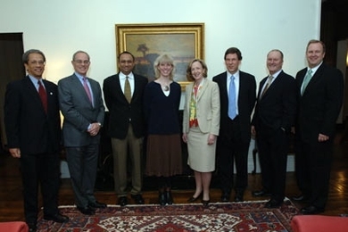 The MacVicar teachings awards were announced and celebrated at a gathering at Gray House on Friday evening. Gathered to celebrate were, from left, Dean for Undergraduate Education Daniel E. Hastings, Provost Raphael L.. Reif, Sanjay E. Sarma, associate professor of mechanical engineering, Tania Baker, professor of biology, President Susan Hockfield, Barton Zwiebach, professor of physics, Stephen J...