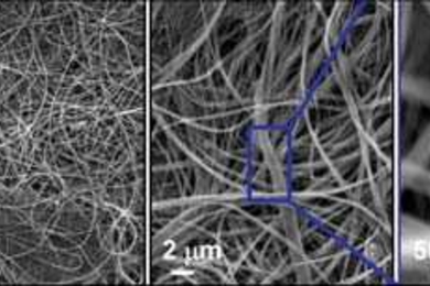 The mesh of nanowires behind MIT's new material for absorbing oil and other organic pollutants, here shown at increasing magnifications (left to right).