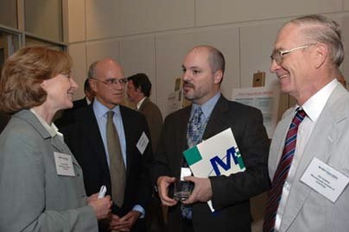 From left, MIT President Susan Hockfield, William Guenther, president of Mass Insight Education &amp; Research Institute, Joel Stembridge, headmaster of the John D. O'Bryant School of Math and Science in Roxbury, Mass., and J. Kim Vandiver, MIT professor of mechanical engineering and dean for undergraduate research just prior to their announcement of the launch of the Massachusetts Math &amp; Scie...