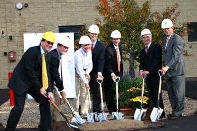 The groundbreaking ceremony for the new computer center at the MIT-Bates Linear Accelerator Center included, from left, Bolek Wyslouch, professor in physics and the Laboratory for Nuclear Science (LNS);
Robert Redwine, professor of physics and director of MIT-Bates; Karen Dow of LNS and associate director of MIT-Bates; Ed Bertschinger, head of the MIT Department of Physics; Brad Black, principal ...