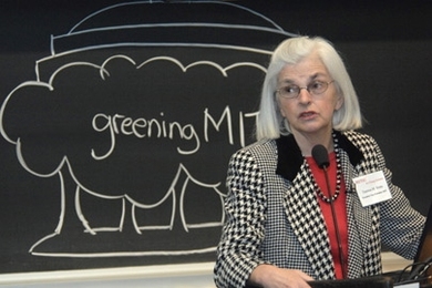 Executive vice-president and treasurer, and co-chair of the Campus Energy Task Force Theresa Stone spoke at the "Come Walk the Talk...on Energy" marking the beginning of energy week to  launch Greening MIT, a community campaign for responsible use of energy and natural resources on campus.