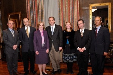 This year's MacVicar Faculty Fellows --Â Vladimir Bulovic, Diana Henderson, Daniel Jackson and David Jones -- were announced at a reception on Thursday, March 5, at Gray House. Gathered to celebrate were, from left, Provost L. Rafael Reif, Bulovic, President Susan Hockfield, Jones, Henderson, Jackson, and Dean for Undergraduate Education Daniel Hastings.