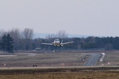 The Terrafugia Transition taking off from runway 17 at Plattsburgh International Airport.