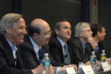 A panel of MIT faculty experts convened March 31 to discuss "The Current Financial Crisis...Is there an End in Sight?" in 10-250. From left are William Wheaton, director of the Center for Real Estate; Andrew Lo, Harris and Harris Group Professor, Sloan School of Management; Ricardo Caballero, head, MIT Department of Economics; Bengt Holmstrom, Paul A. Samuelson Professor of Economics, and James Po...