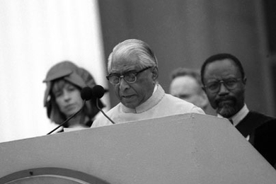 Swami Sarvagatananda, a former chaplain for Hindu students at MIT, delivers the invocation at the 1998 Commencement ceremonies.