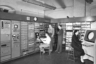 Stephen Dodd, Jay Forrester, Robert Everett, and Ramona Ferenz at Whirlwind I test control in the Barta Building, 1950.