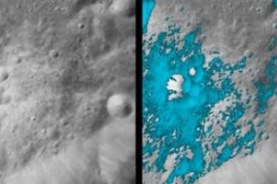These images show a recent crater on the side of the moon that faces away from Earth, as seen by a NASA instrument aboard the Indian Chandrayaan-1 spacecraft. On the left, an ordinary image taken by infrared light. On the right, the light blue shows water-rich minerals, associated with material ejected from the crater.