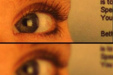 In the image on the bottom, the eye is in the foreground and the text is in the background — and both are blurry because the photographer has focused on a point between the two. A new MIT system instead captures multiple images at several focal depths and stitches them into a sharper composite (top).