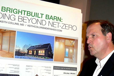 Dr. Keith Collins ’70 explains the details of his zero-net-energy house in Rockport, Maine.