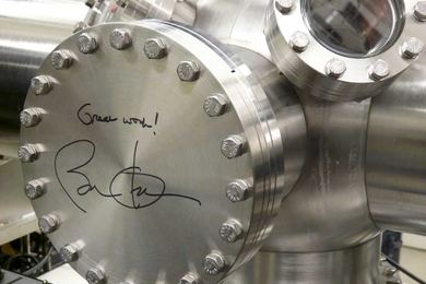 During a tour of MIT research labs, President Barack Obama left his signature for MIT students on a piece of equipment in the Organic and Nanostructured Electronics Laboratory.