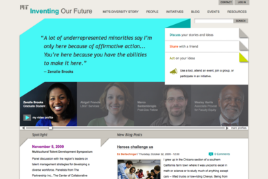 The "Inventing Our Future" webpage shows menu tags, text windows, and a search bar.