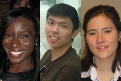 From left to right, Ugwechi Amadi, Steven Mo and Caroline Huang, this year's Rhodes scholars from MIT.