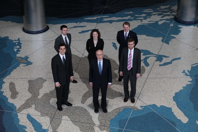 The SA+P team with Gerald Hines, the competition founder. L to R, front to back: Blair Humphreys, Gerald Hines, Jesse Hunting, Duncan McIlvaine, Sarah Snider and Eric Komppa.