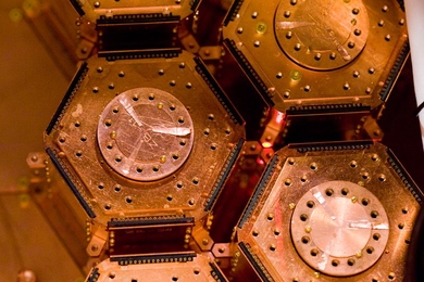 Dark matter detectors. The Cryogenic Dark Matter Search experiment uses five towers of six detectors each.