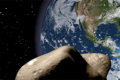 Artist rendition of an asteroid approaching Earth