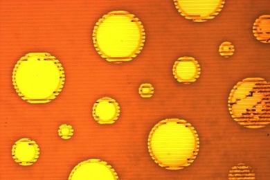 To test a new technique for creating micromachines, MIT researchers deposited films of gold on a sheet of plastic; grooves in the plastic are visible as a series of horizontal lines.