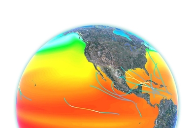A simulation with no hurricane-induced mixing shows a year of modern hurricane tracks and sea surface temperatures colored by intensity (blue is weaker, red is stronger).