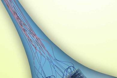 The new method involves pulling a thin thread of material (top) from a liquid solution (bottom), and in the process the individual polymer filaments, which start out as a tangled mass, become very highly aligned.