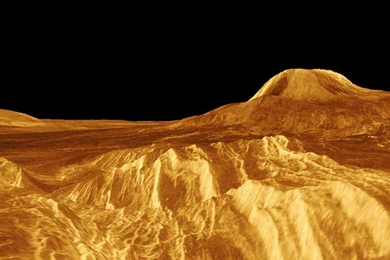 This computer-generated view of the surface of Venus was created from radar images taken during NASA’s Magellan mission during the 1990s. The images suggest that the Venus surface evolves through a periodic resurfacing process, possibly caused by volcanic activity.