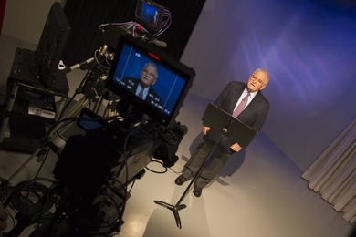 MIT President Emeritus Paul Gray records a video acceptance speech in the new AMPS (Academic Media Production Services) studio.