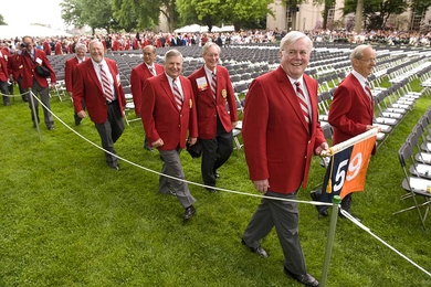 During Commencement 2009, Patrick McGovern, left, and Charles Staples, 50th reunion leaders from the Class of 1959, led the class. This year the class of 1960 will be up front.  