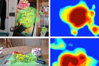 A new computational model of how the primate brain recognizes objects creates a map of “interesting” features (right) for a given image. The model’s predictions of which parts of the image will attract a viewer’s attention (green clouds, left) accord well with experimental data (yellow and red dots).