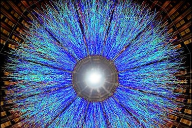 A visualization of one of the first full-energy collisions between gold ions at Brookhaven Lab's Relativistic Heavy Ion Collider, as captured by the Solenoidal Tracker At RHIC (STAR) detector.