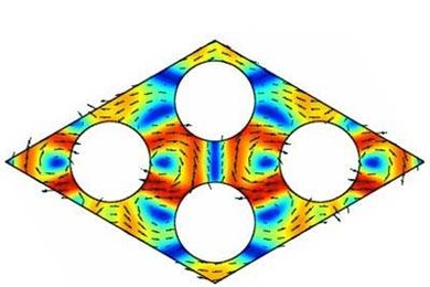 A computer simulation shows phonons, depicted as color variations, traveling through a crystal lattice. The lattice in this case is broken up by round rods whose spacing has been chosen to block the passage of phonons of certain wavelengths.