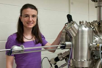 Professor Bilge Yildiz with a surface science system including a variable temperature scanning tunneling microscope (STM), non-contact atomic force microscope (nc-AFM), and X-ray photoelectron spectrometer. The system enables users to perform STM/nc-AFM measurements at elevated temperatures and reactive gas environments.