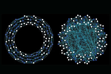 Research on the spread of health-centered behavior describes how the structure of social networks can influence how behaviors travel through a population. 
<br /><br />
These figures show experimentally manipulated on-line social networks. The first community (left) has a clustered network structure, while the second one is a more "random" casual contact network. Node colors indicate people who ...