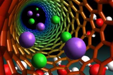 MIT chemical engineers built tiny channels out of carbon nanotubes — hollow tubes whose walls are made of lattices of carbon atoms. Small particles such as sodium ions and protons can flow through the channels.