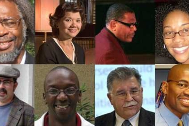 The new MLK scholars: Top row: Sylvester James Gates Jr., Donna J. Nelson, Donal Fox, Juana Mendenhall. Bottom row: Hector Hugo Hernandez, Isaac Mbiti, William Yslas Velez and Reuben A. Buford May