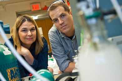 MIT Professor Angela Belcher and graduate student Roberto Barbero are working on a way to convert carbon dioxide gas to carbonates that could be used as building materials.