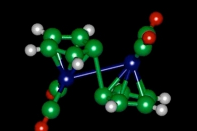 A molecule of fulvalene diruthenium, seen in diagram, changes its configuration when it absorbs heat, and later releases heat when it snaps back to its original shape.