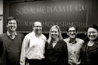 SDM Fellows Azamat Abdymomunov, Rafael Maranon and Leyla Abdimomunova with Google's Jeff Moore and MIT's Nancy Richmond, center, at the social media workshop co-sponsored by MIT's System Design and Management Program and the MIT Social Media Club. Maranon and Abdymomunov co-founded the MIT Social Media Club.
