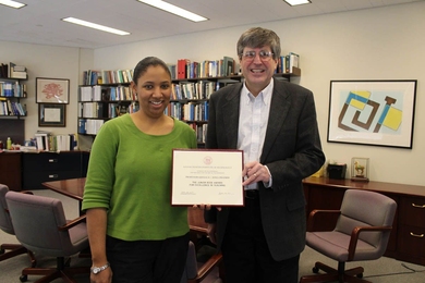 Department Head Klavs Jensen presents Professor Kristala Prather with the 2010 Junior Bose Award.