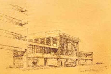 Pencil sketch of the Back Bay MBTA Station, opened in 1987. 