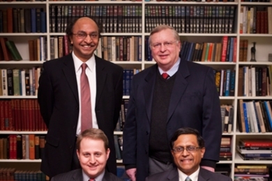 The four MacVicar fellows for 2011 were honored at a reception at Gray House on March 8. Top row: Bishwapriya (Bish) Sanyal, left, and Patrick Winston. Bottom row: Christopher Schuh, left, and George Verghese. 