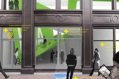 The design introduces a 'cloud' ceiling that capitalizes on the viewing angles between the sidewalk and the second floor, to create a highly visible signature feature that doubles as gallery ceiling and supergraphic signage.