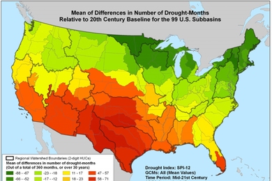 Mean changes in the number of drought months relative to the 20th century baseline for 2036-2065 along the A1B (moderate emissions) scenario.
