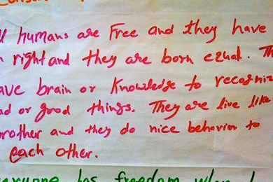 One of the students' reverse translations from Hindi into English of Article 1 of the U.N.’s Universal Declaration of Human Rights.