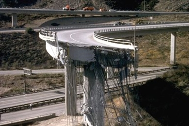 A freeway overpass destroyed during the earthquake centered near Northridge, Calif., in 1994.