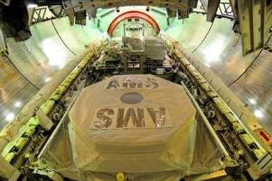 Alpha Magnetic Spectrometer experiment ready for launch in Endeavour’s payload bay.