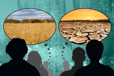 Silhouette people divided in two lines that point to either a haystack field or a dry place