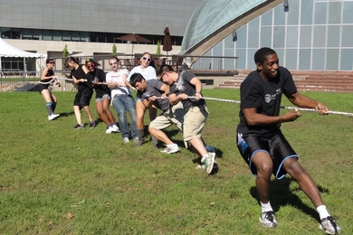 Baker residents tugged a rope in a field game during the recent Baker Floor Wars. 